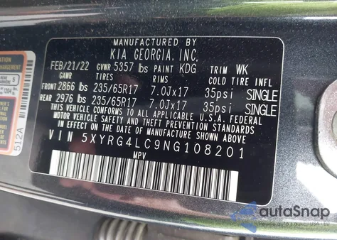 2022 Kia Sorento Lx z USA, uszkodzony, nr VIN 5XYRG4LC9NG108201